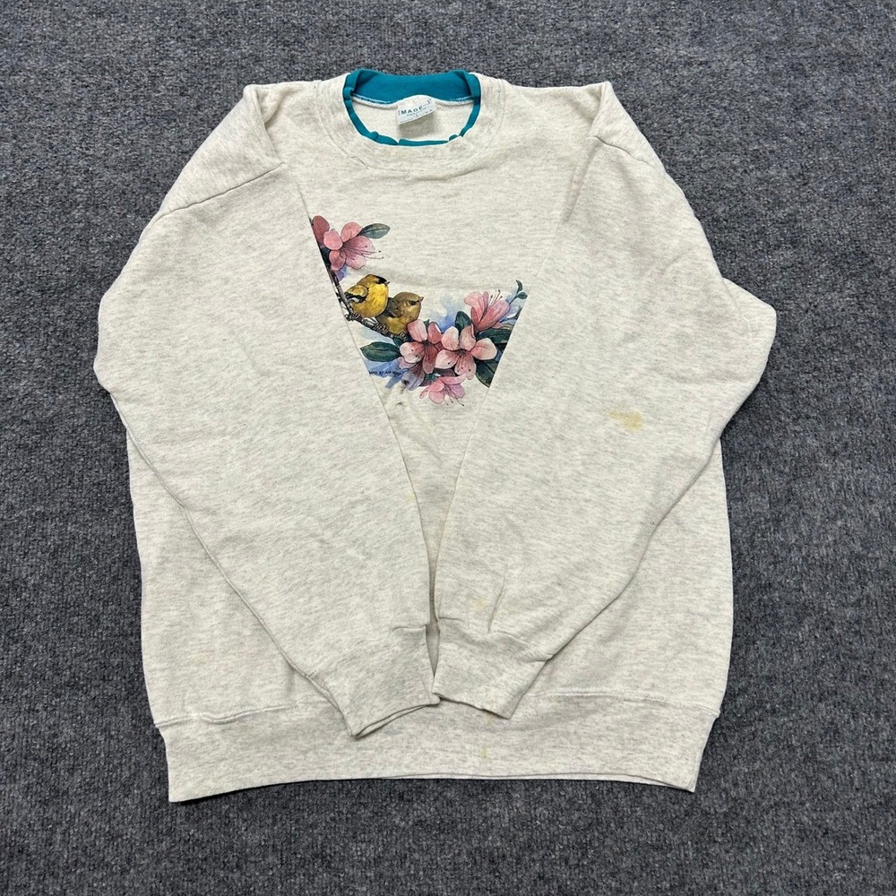 Image Fashion Sweatshirt Womens Size L Gray Bird Floral Graphic Vintage USA Made